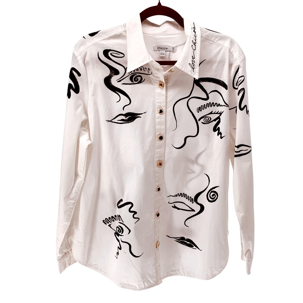 Chicos White Abstract Face Print Button Down Shirt Unique Buttons Size 14